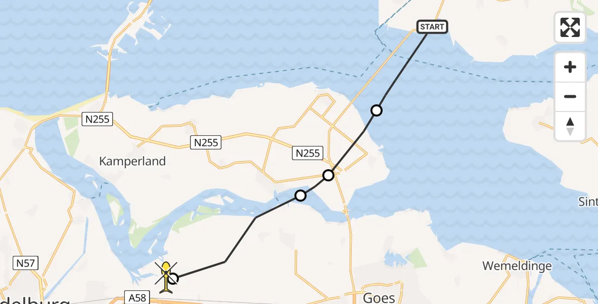 Routekaart van de vlucht: Kustwachthelikopter naar Vliegveld Midden-Zeeland, Keeten