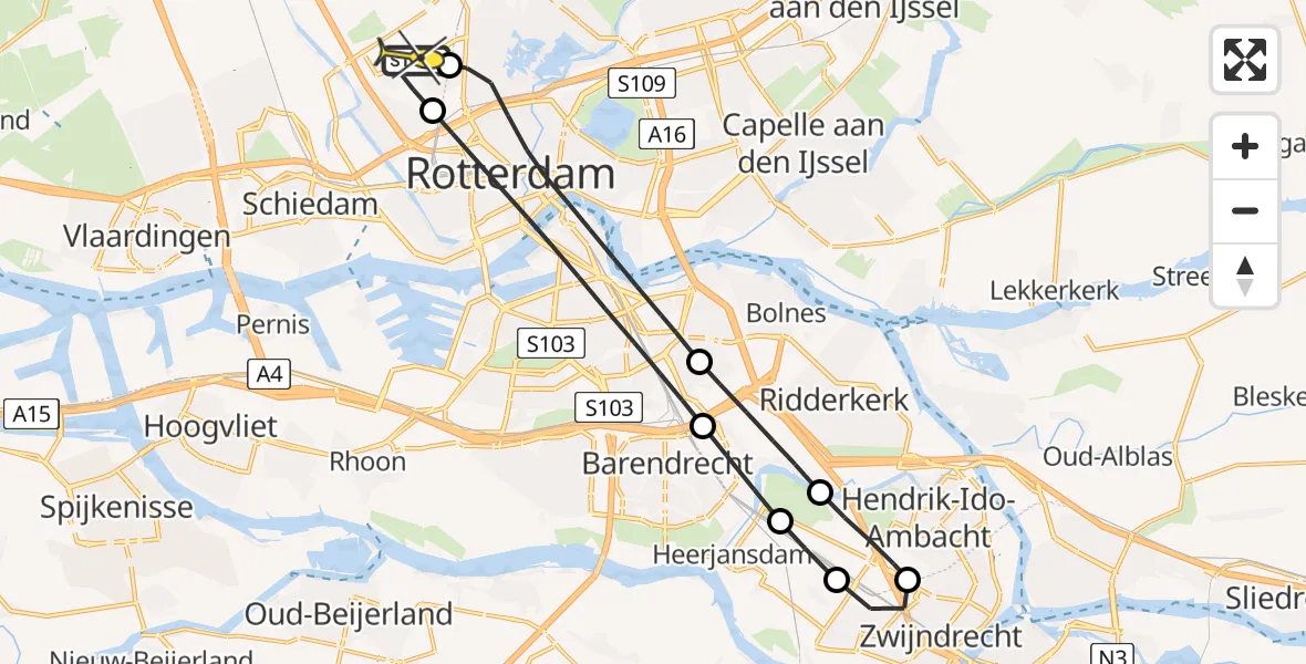Routekaart van de vlucht: Lifeliner 2 naar Rotterdam The Hague Airport, Hertenheuvel