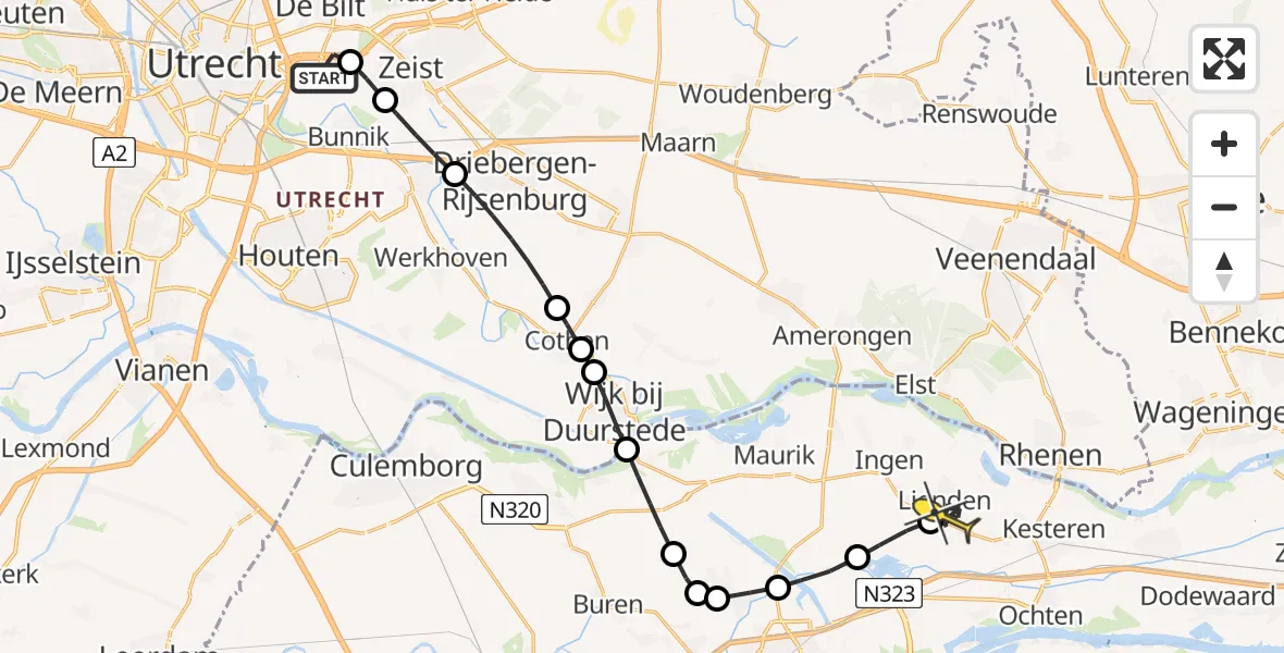 Routekaart van de vlucht: Lifeliner 3 naar Lienden, Bunnikseweg