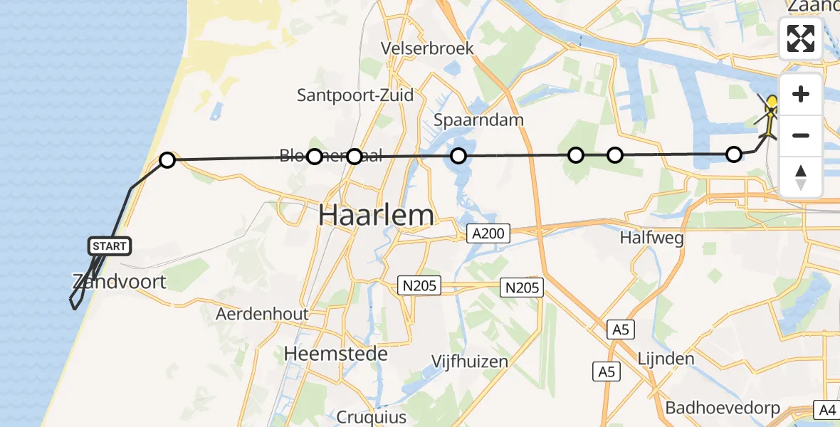 Routekaart van de vlucht: Lifeliner 1 naar Amsterdam Heliport, strandafgang Paulus Loot
