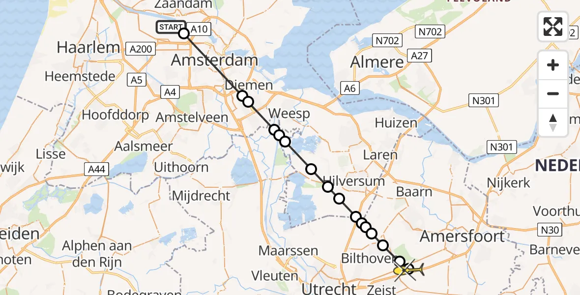 Routekaart van de vlucht: Lifeliner 1 naar Soesterberg, Westhavenweg