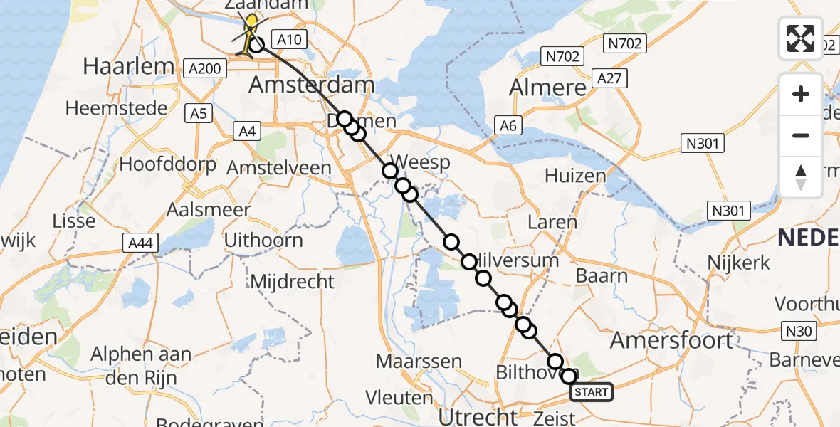 Routekaart van de vlucht: Lifeliner 1 naar Amsterdam Heliport, Amersfoortseweg