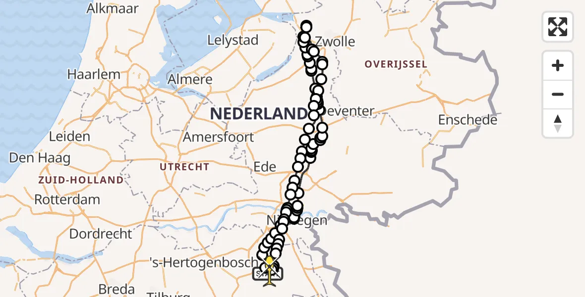 Vluchtroute Politiehelikopter van Vliegbasis Volkel naar Vliegbasis Volkel