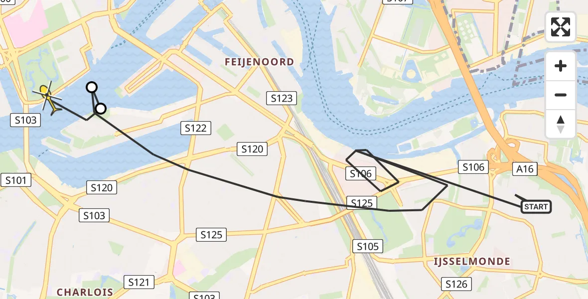 Routekaart van de vlucht: Politieheli naar Erasmus MC, Viermerenstraat