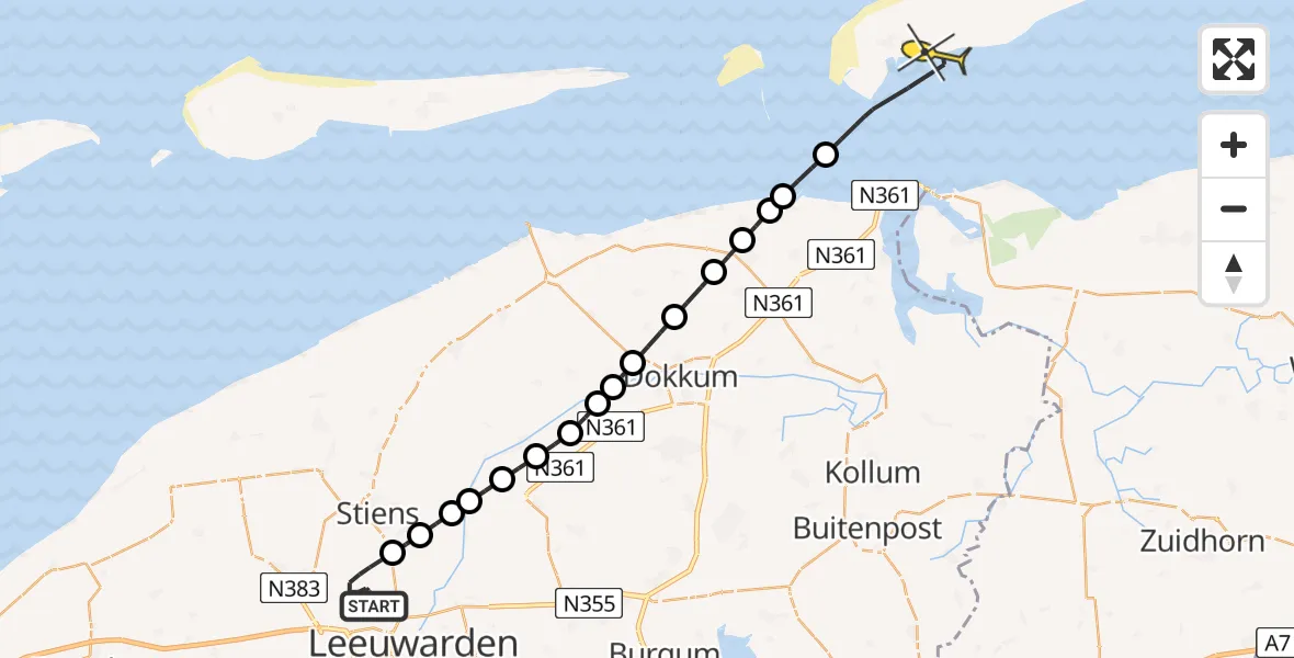 Routekaart van de vlucht: Ambulancehelikopter naar Schiermonnikoog, Keegsdijkje