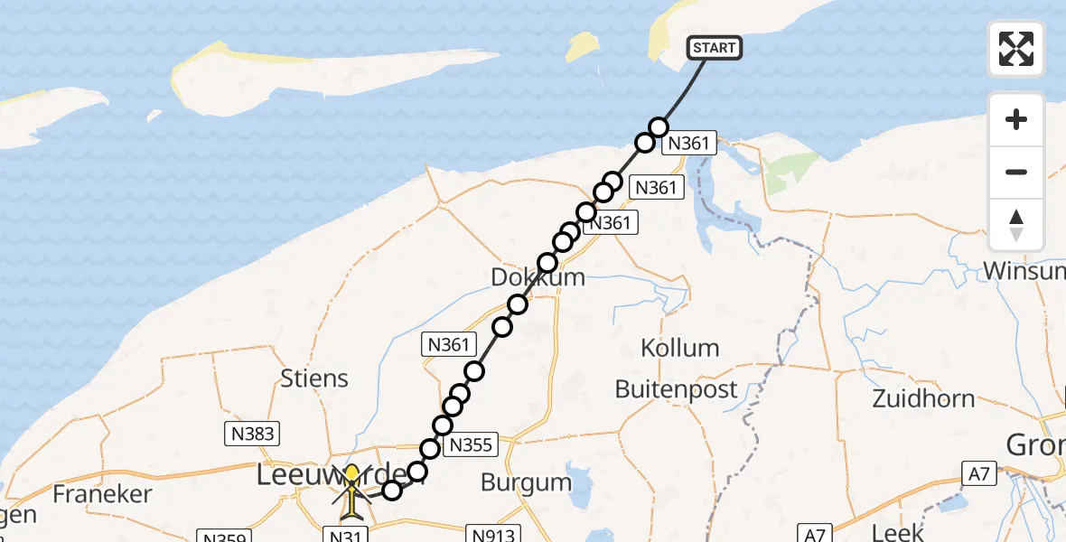 Routekaart van de vlucht: Ambulancehelikopter naar Leeuwarden, Rede van Schiermonnikoog