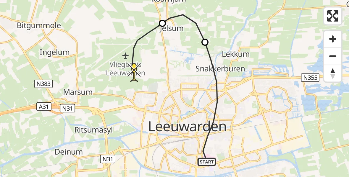 Routekaart van de vlucht: Ambulancehelikopter naar Vliegbasis Leeuwarden, Aldlânsdyk