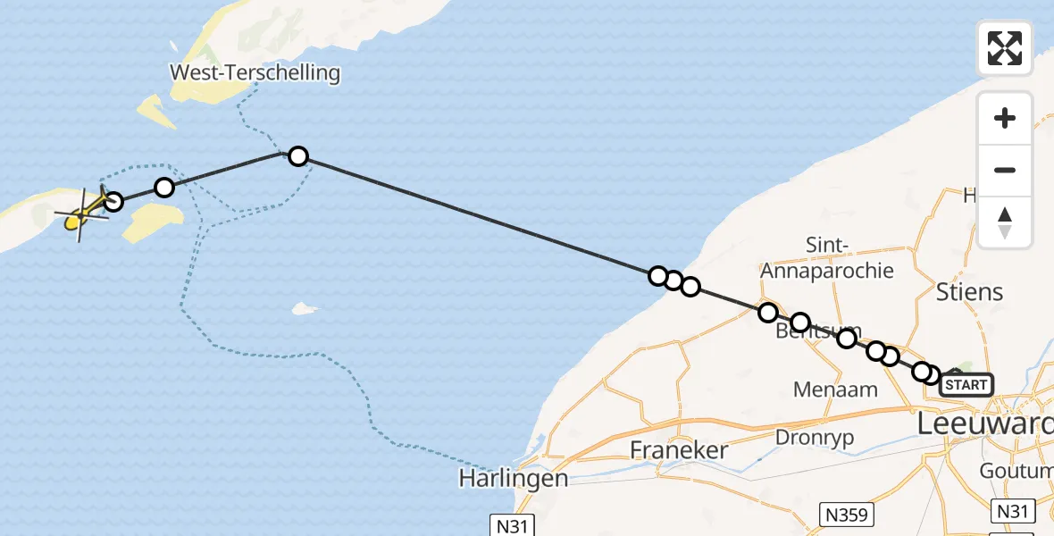Routekaart van de vlucht: Ambulanceheli naar Vlieland Heliport, Keegsdijkje