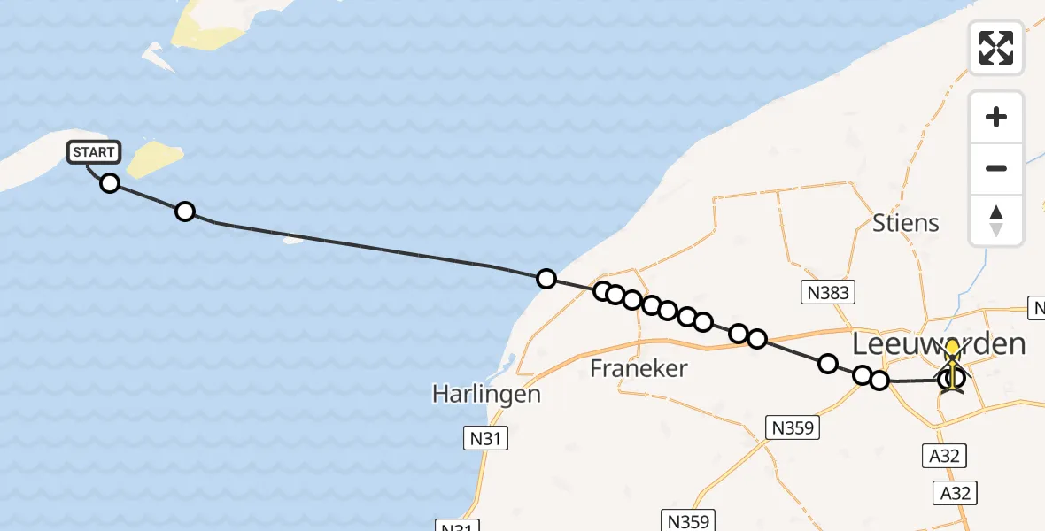 Routekaart van de vlucht: Ambulancehelikopter naar Leeuwarden, Vliesloot