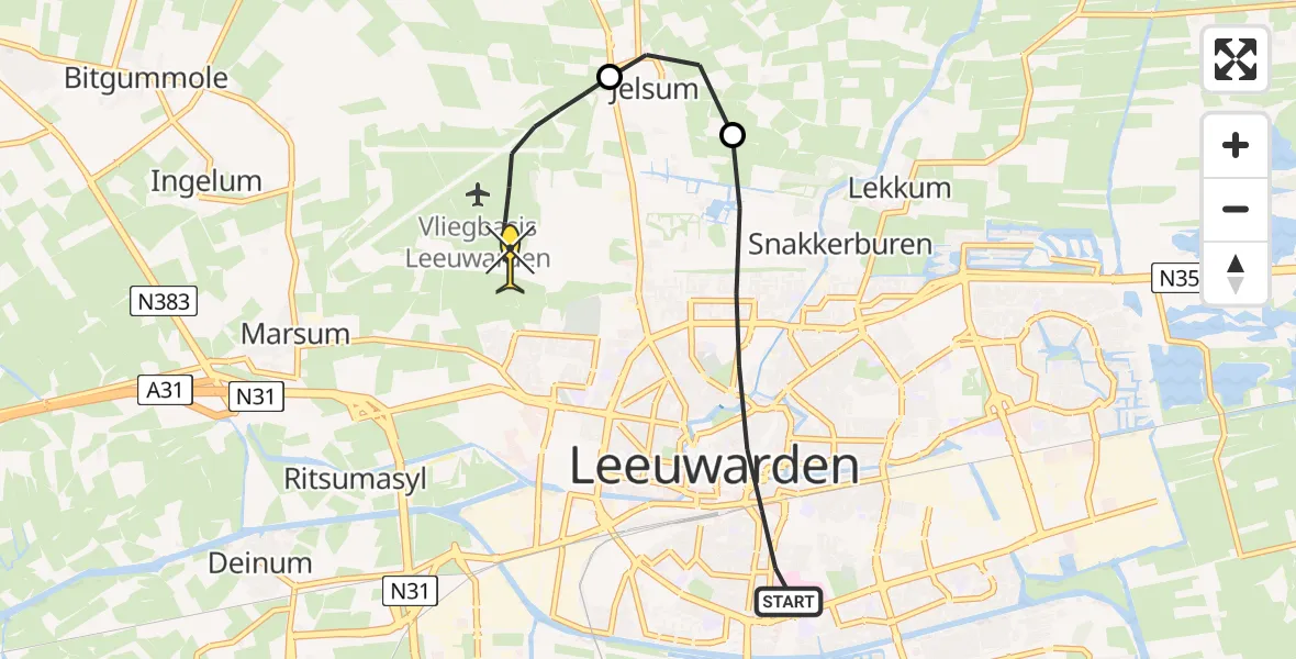 Routekaart van de vlucht: Ambulanceheli naar Vliegbasis Leeuwarden, De Eenhoorn