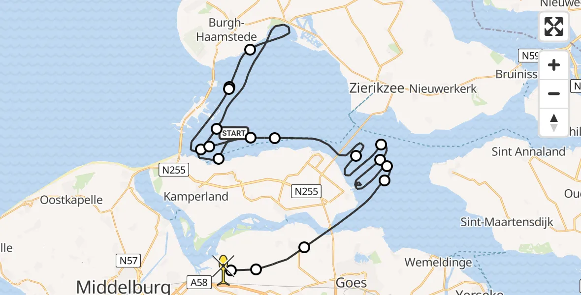Routekaart van de vlucht: Kustwachthelikopter naar Vliegveld Midden-Zeeland, Calandweg