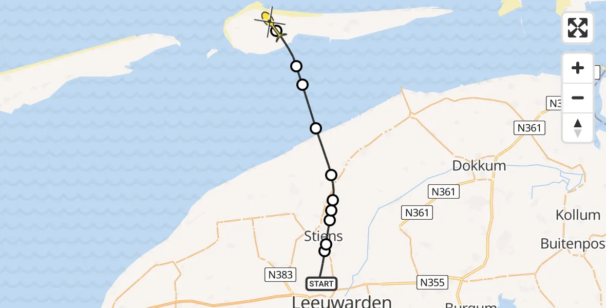 Routekaart van de vlucht: Ambulanceheli naar Ameland Airport Ballum, Keegsdijkje