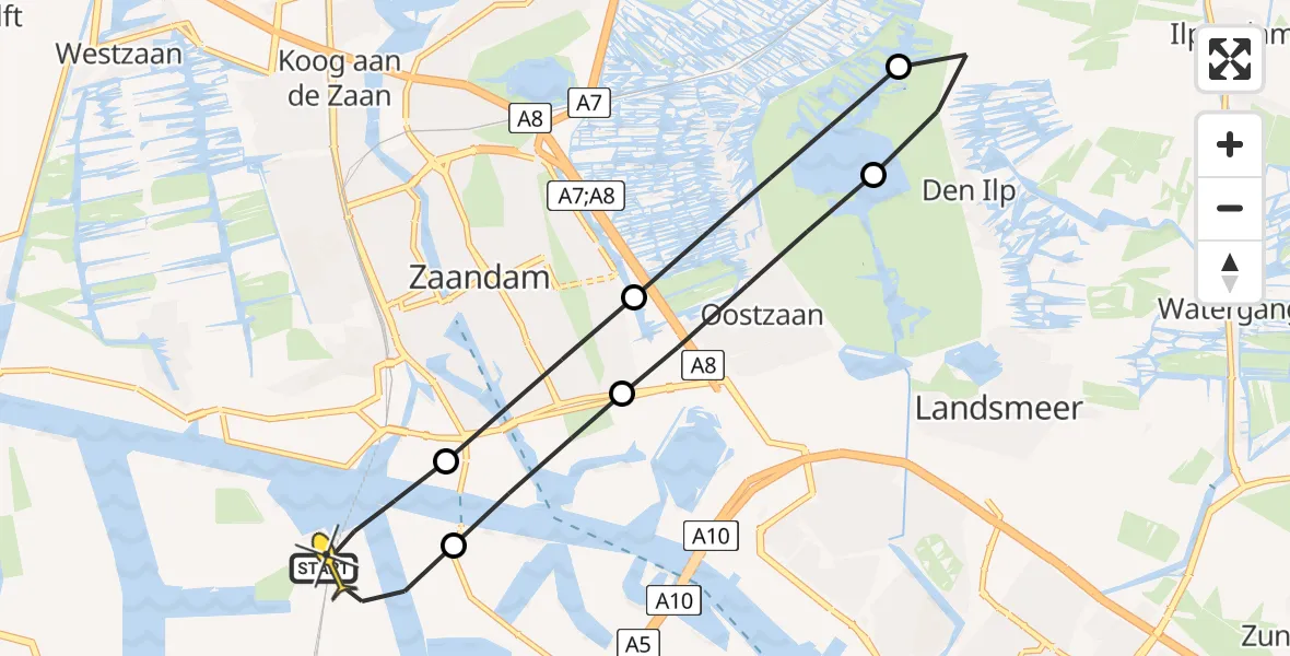 Routekaart van de vlucht: Lifeliner 1 naar Amsterdam Heliport, Belangenvereniging tuinders Zaanderhorn