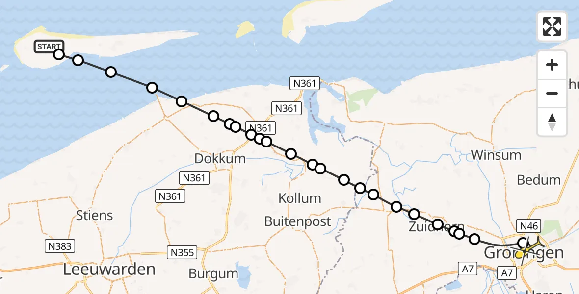 Routekaart van de vlucht: Ambulanceheli naar Universitair Medisch Centrum Groningen, Smitteweg