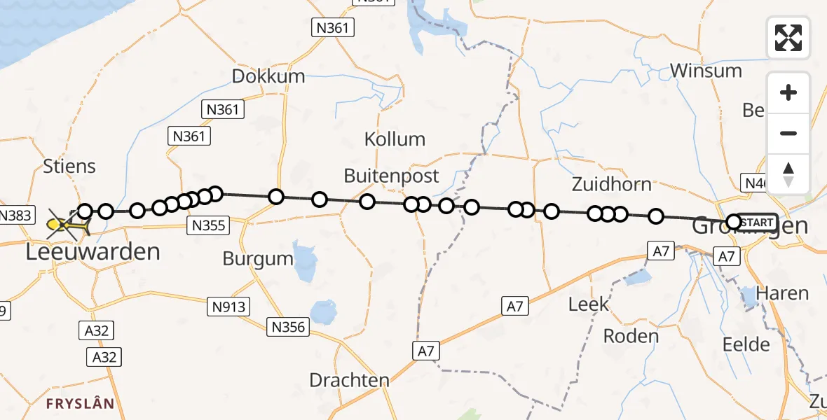 Routekaart van de vlucht: Ambulancehelikopter naar Vliegbasis Leeuwarden, Noorderhaven