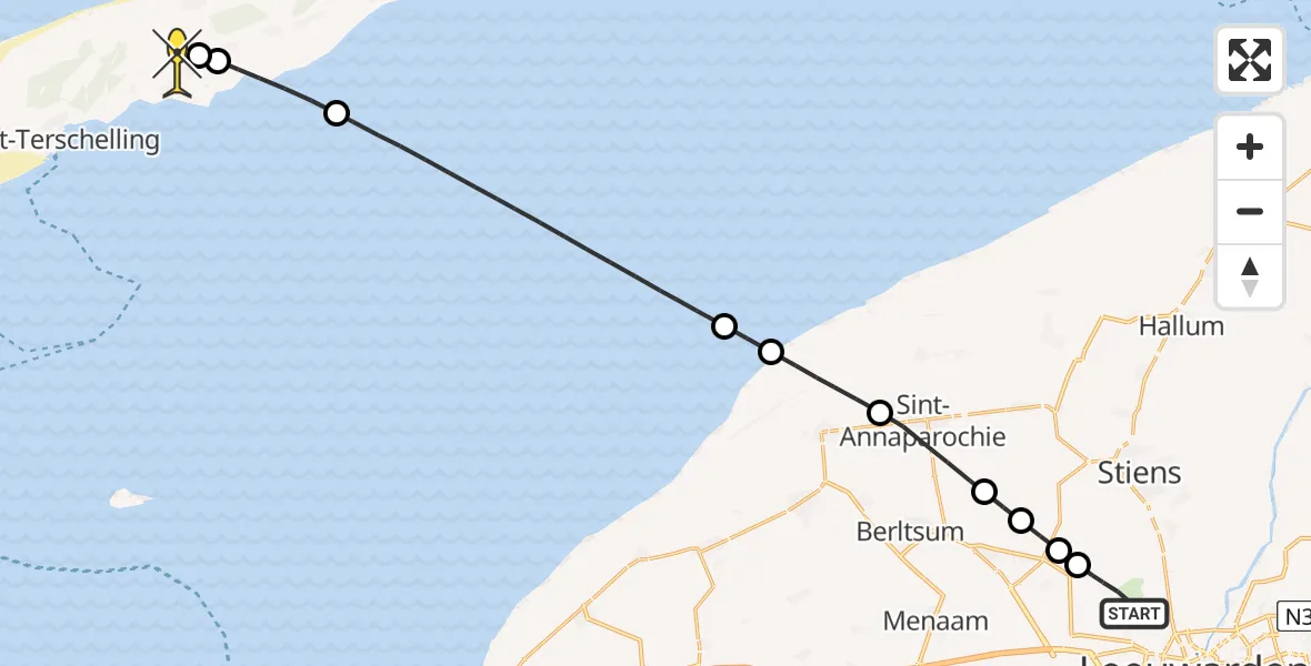 Routekaart van de vlucht: Ambulancehelikopter naar Midsland, Keegsdijkje