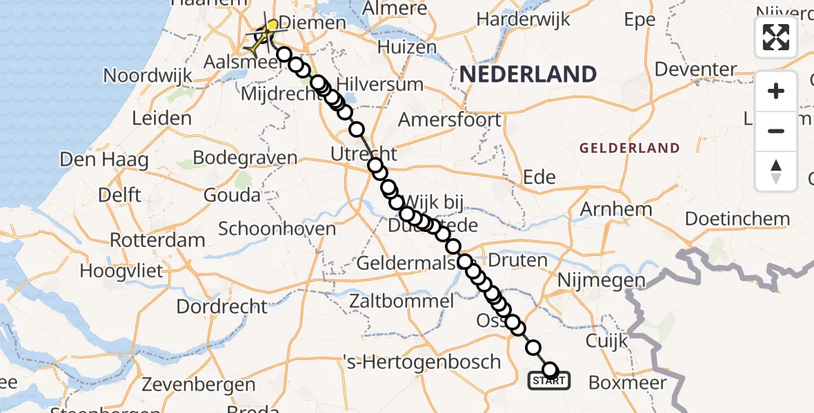 Vluchtroute Politiehelikopter van Vliegbasis Volkel naar Schiphol