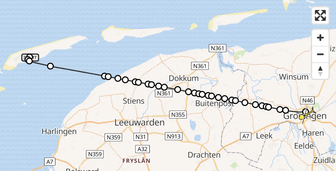 Routekaart van de vlucht: Ambulanceheli naar Universitair Medisch Centrum Groningen, Kaard