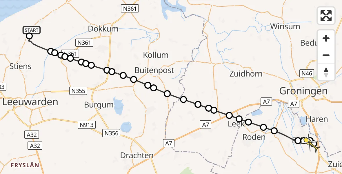 Routekaart van de vlucht: Lifeliner 4 naar Groningen Airport Eelde, Ljouwerterdyk