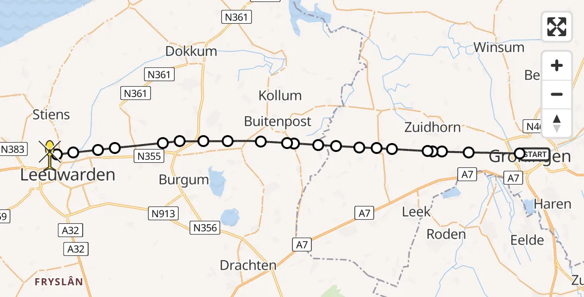 Routekaart van de vlucht: Ambulanceheli naar Vliegbasis Leeuwarden, Guyotplein