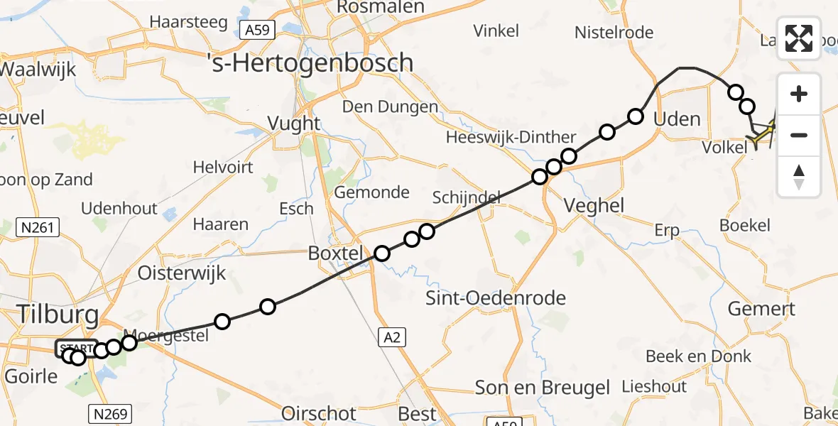 Routekaart van de vlucht: Lifeliner 3 naar Vliegbasis Volkel, Hilvarenbeekseweg
