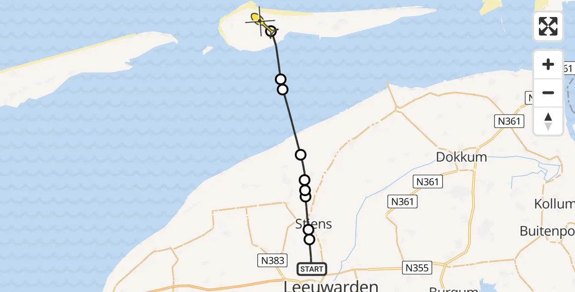 Routekaart van de vlucht: Ambulancehelikopter naar Ameland Airport Ballum, Keegsdijkje