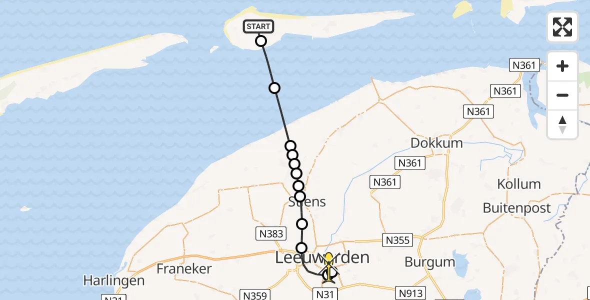 Routekaart van de vlucht: Ambulancehelikopter naar Leeuwarden, Looweg