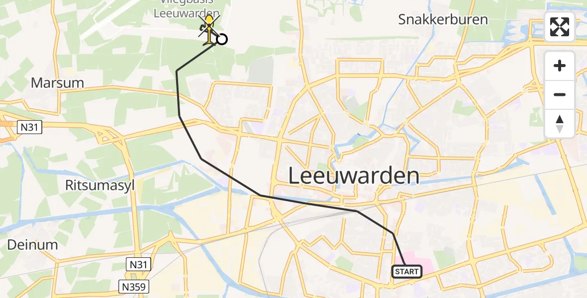 Routekaart van de vlucht: Ambulanceheli naar Vliegbasis Leeuwarden, Stationsplein
