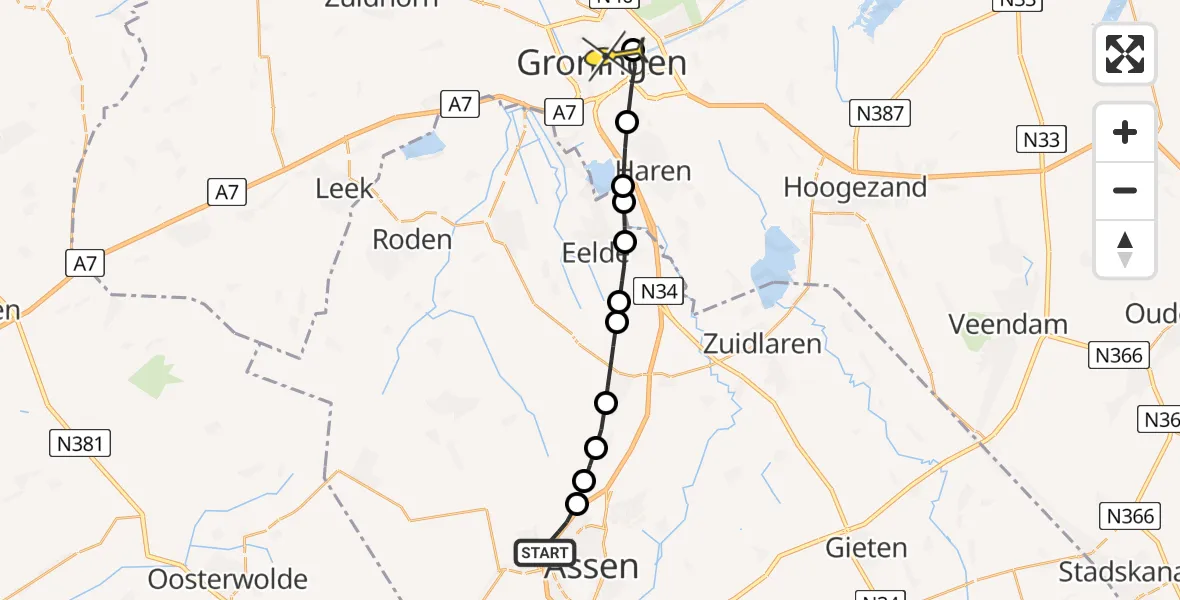 Routekaart van de vlucht: Lifeliner 4 naar Universitair Medisch Centrum Groningen, Petrus Campersingel