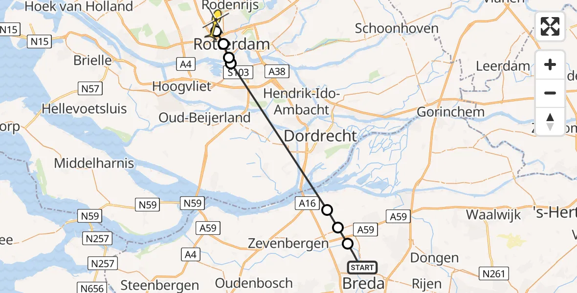 Routekaart van de vlucht: Politiehelikopter naar Rotterdam The Hague Airport, Beemdenbospad