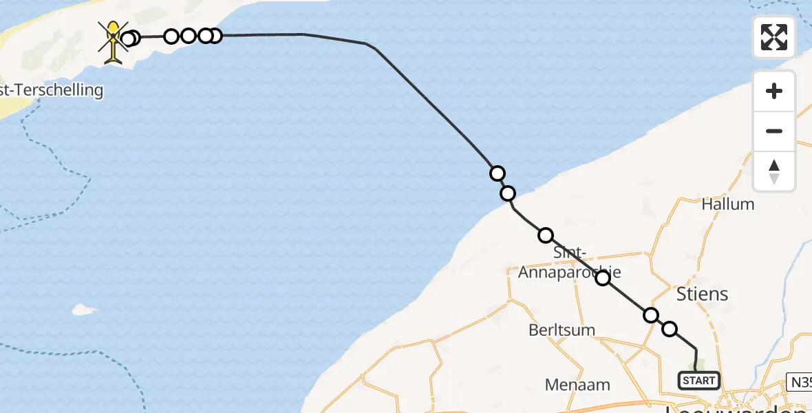 Routekaart van de vlucht: Ambulanceheli naar Midsland, Bitgumerlân