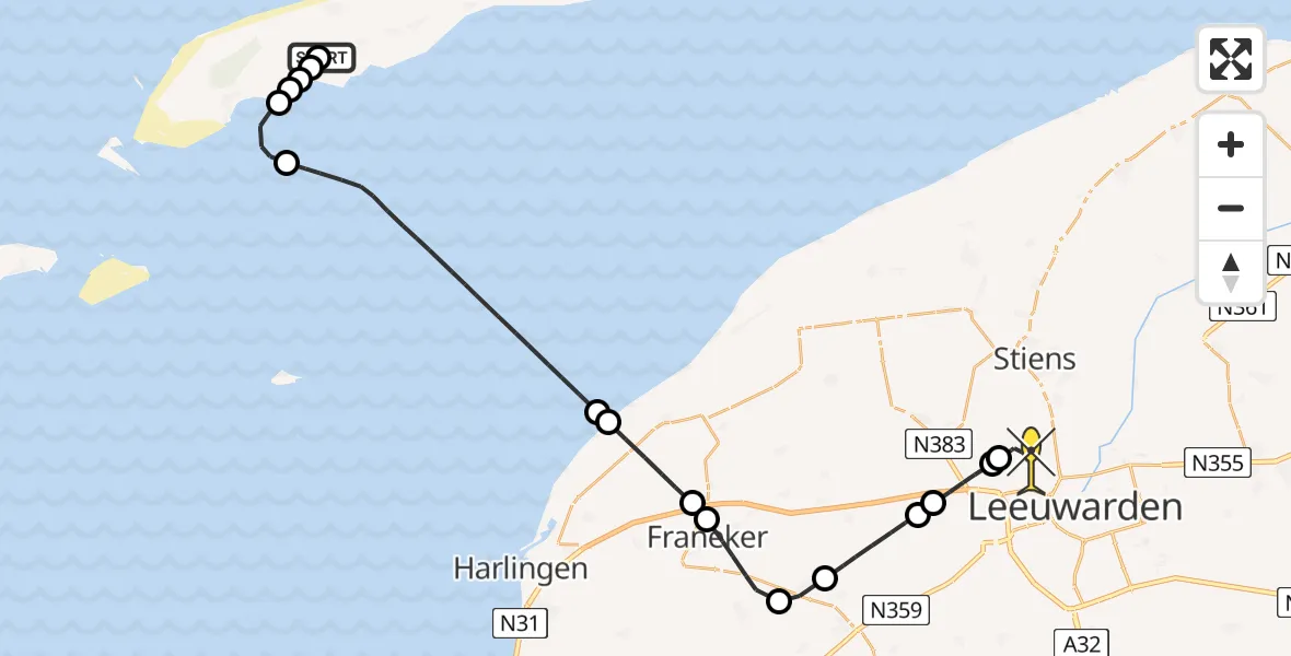 Routekaart van de vlucht: Ambulancehelikopter naar Vliegbasis Leeuwarden, Kallandspad
