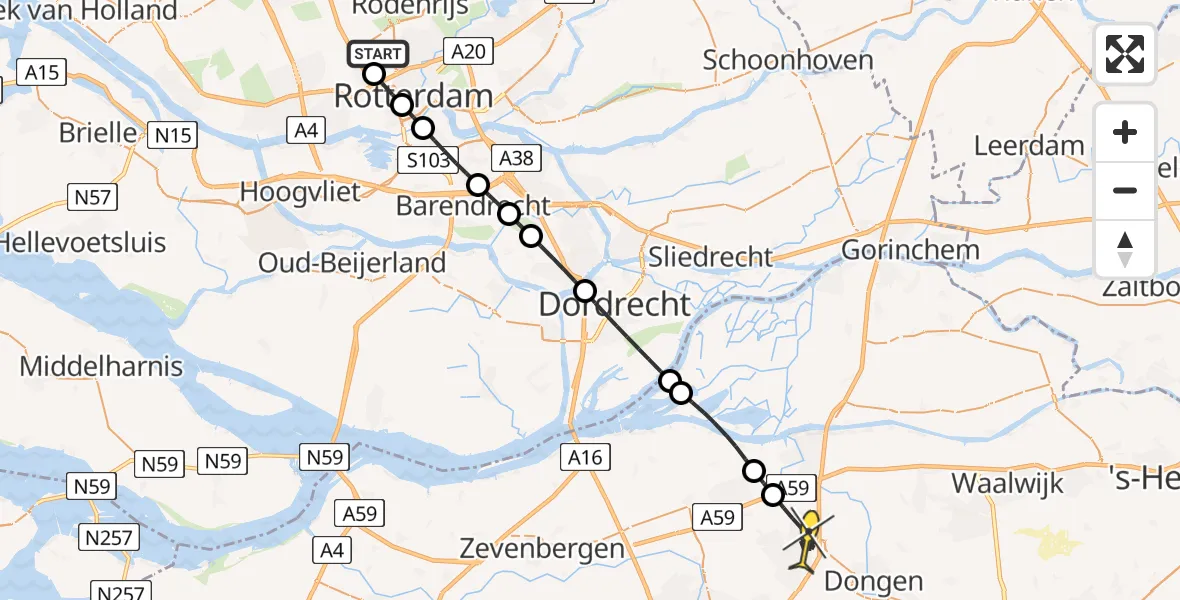 Routekaart van de vlucht: Lifeliner 2 naar Oosterhout, Brandenburgbaan