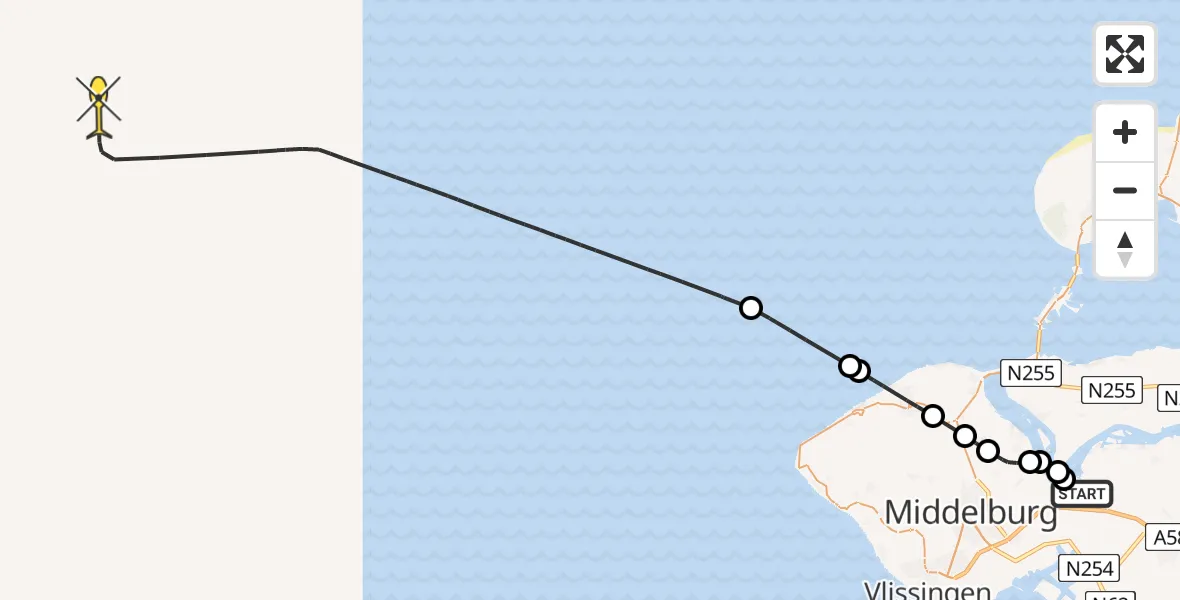 Routekaart van de vlucht: Kustwachthelikopter naar Calandweg