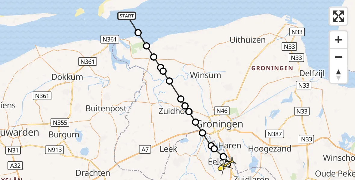 Routekaart van de vlucht: Ambulancehelikopter naar Groningen Airport Eelde, Burgemeester J.G. Legroweg