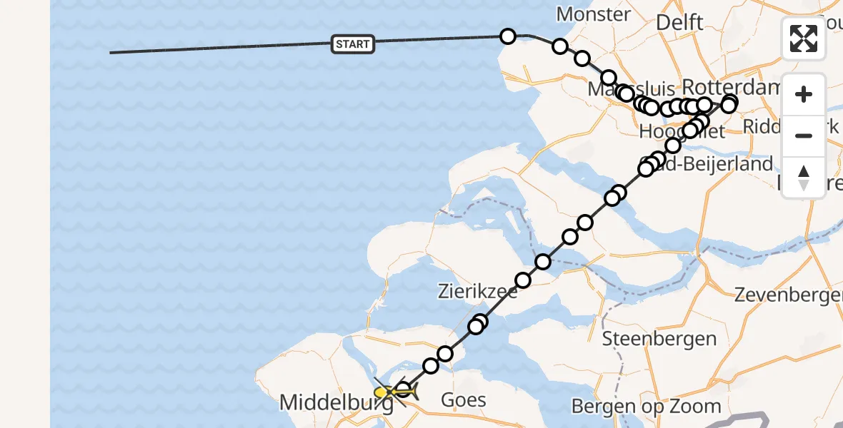 Routekaart van de vlucht: Kustwachthelikopter naar Vliegveld Midden-Zeeland, Calandweg