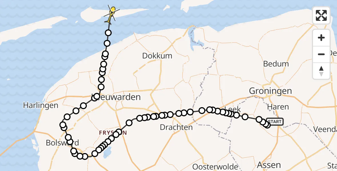 Routekaart van de vlucht: Ambulancehelikopter naar Nes, Machlaan