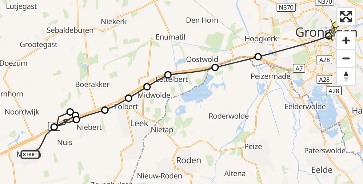 Routekaart van de vlucht: Lifeliner 4 naar Universitair Medisch Centrum Groningen, De Factorij