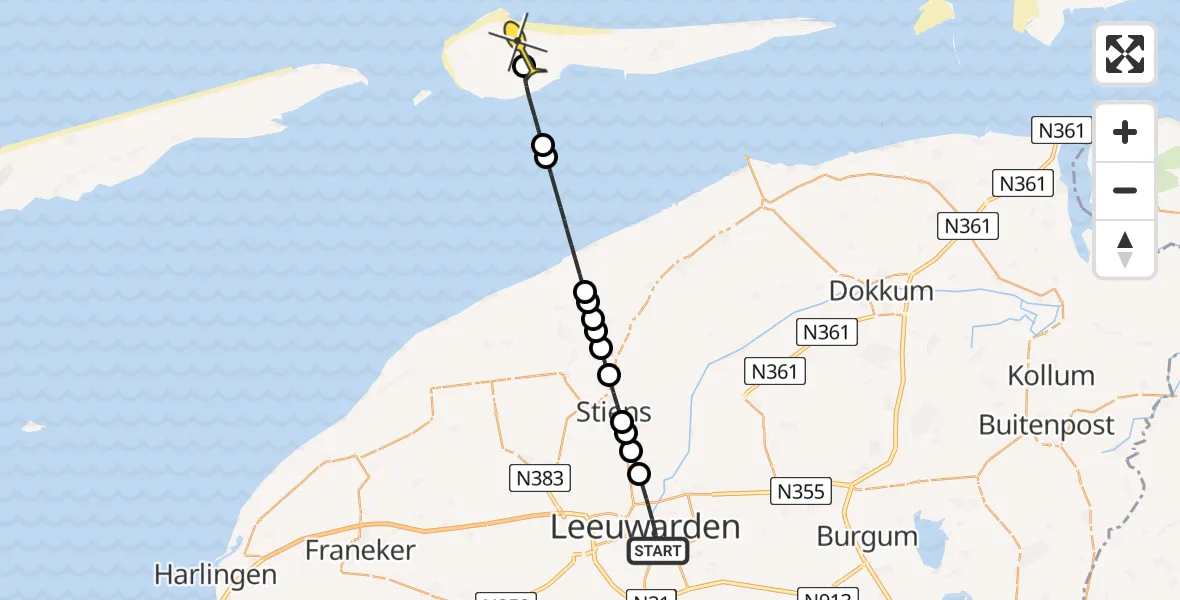 Routekaart van de vlucht: Ambulancehelikopter naar Ameland Airport Ballum, Aldlânsdyk
