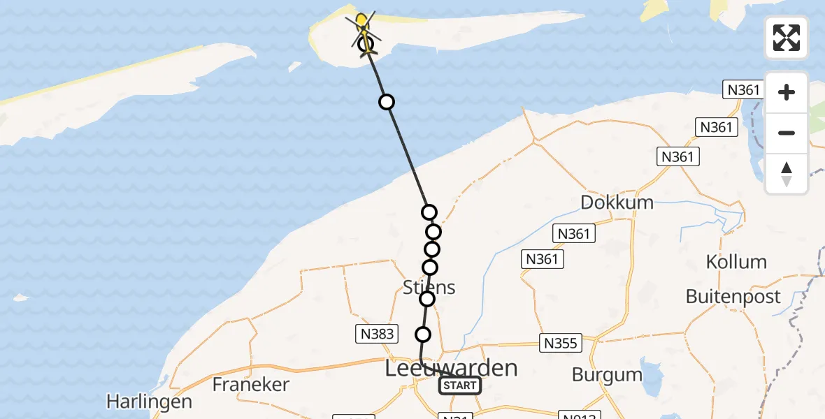 Routekaart van de vlucht: Ambulancehelikopter naar Ameland Airport Ballum, Wijnhornsterstraat
