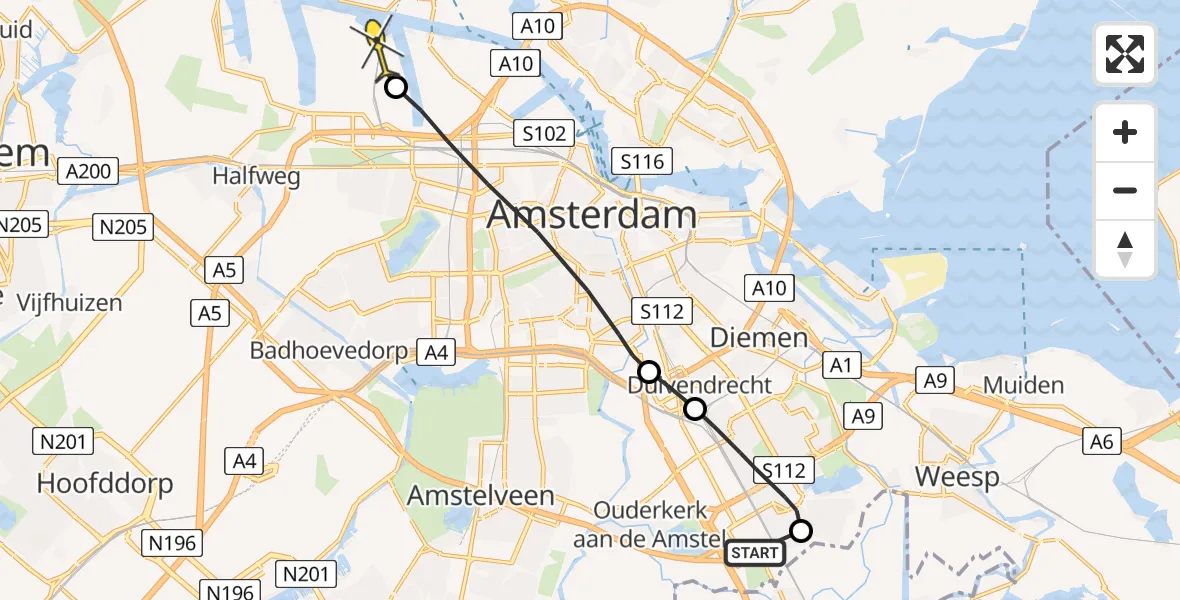 Routekaart van de vlucht: Lifeliner 1 naar Amsterdam Heliport, Scherpenzeelstraat