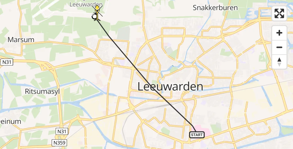 Routekaart van de vlucht: Ambulanceheli naar Vliegbasis Leeuwarden, Fonteinstraat