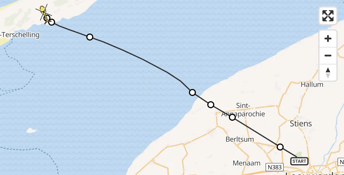 Routekaart van de vlucht: Ambulancehelikopter naar Midsland, Keegsdijkje