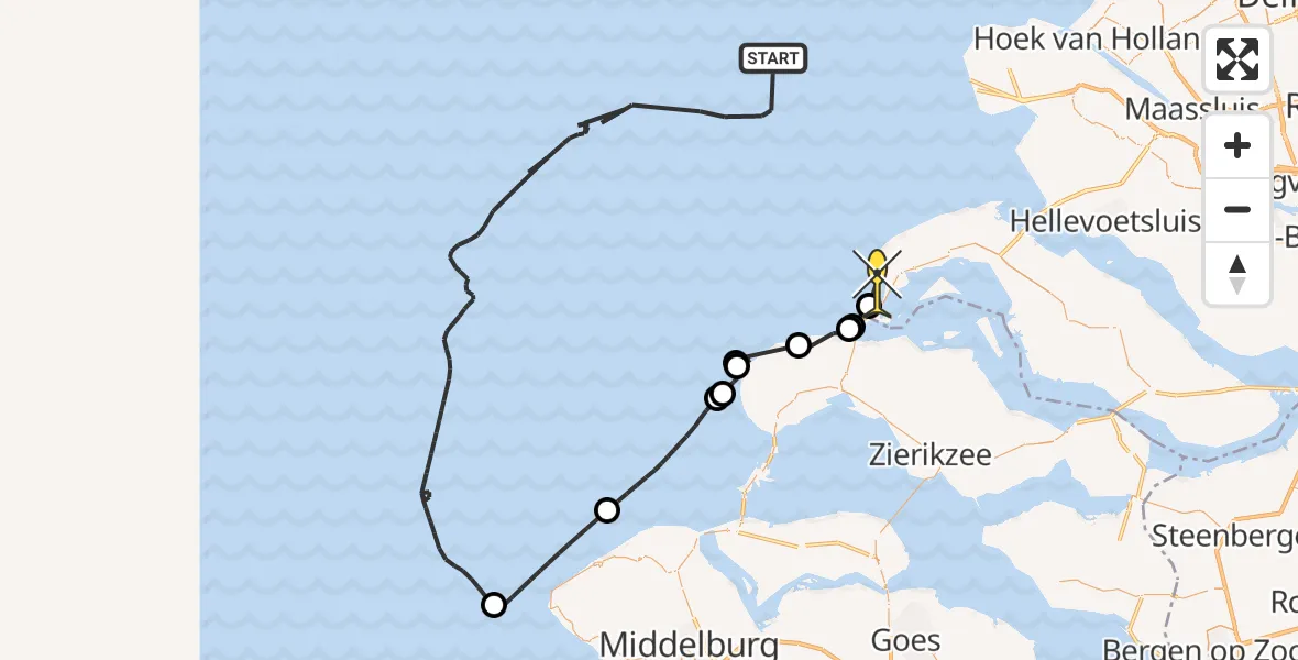 Routekaart van de vlucht: Politiehelikopter naar Ouddorp, Brouwersdam buitenzijde