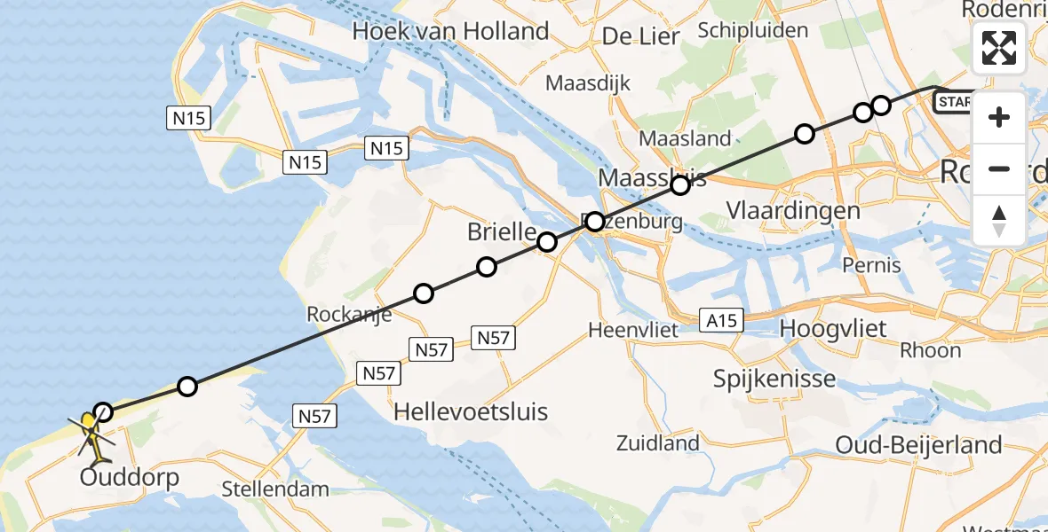 Routekaart van de vlucht: Lifeliner 2 naar Ouddorp, A16 Rotterdam