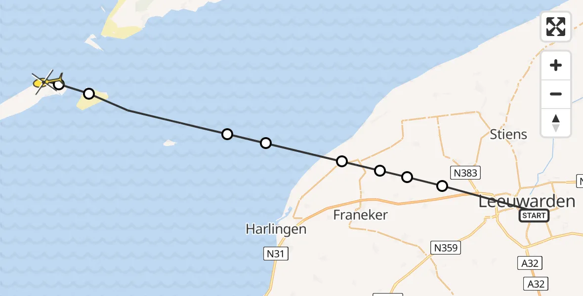 Routekaart van de vlucht: Ambulancehelikopter naar Vlieland Heliport, Dobbehof