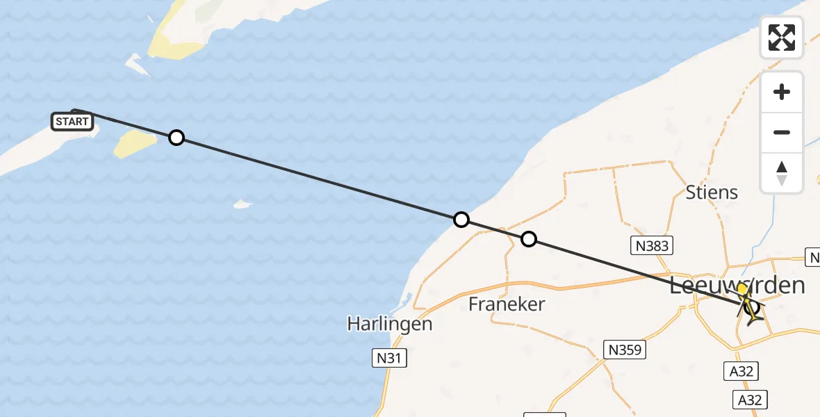 Routekaart van de vlucht: Ambulanceheli naar Leeuwarden, Zuider Stortemelk