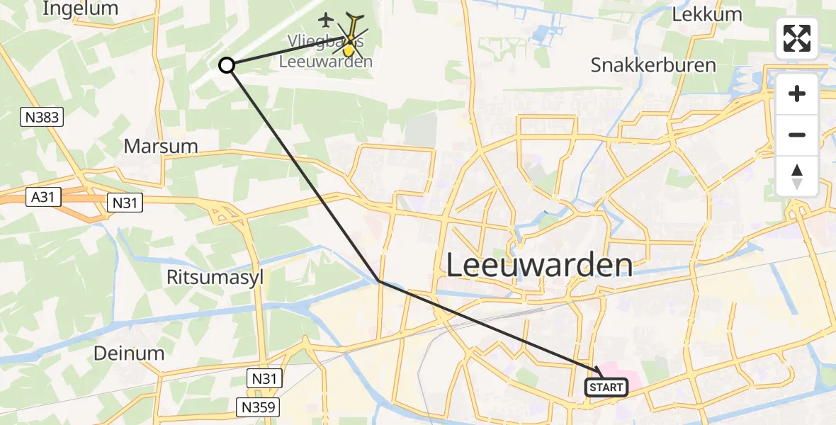 Routekaart van de vlucht: Ambulancehelikopter naar Vliegbasis Leeuwarden, Slauerhoffweg