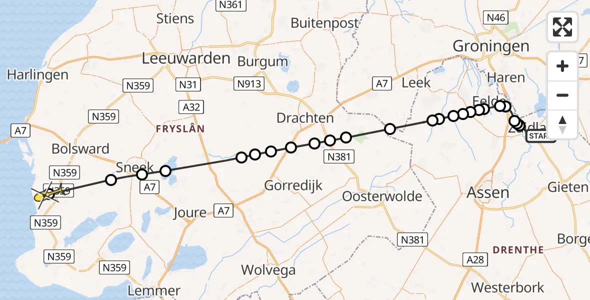 Routekaart van de vlucht: Lifeliner 4 naar Workum, E