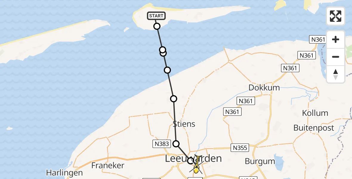 Routekaart van de vlucht: Ambulancehelikopter naar Leeuwarden, Jelmeraweg